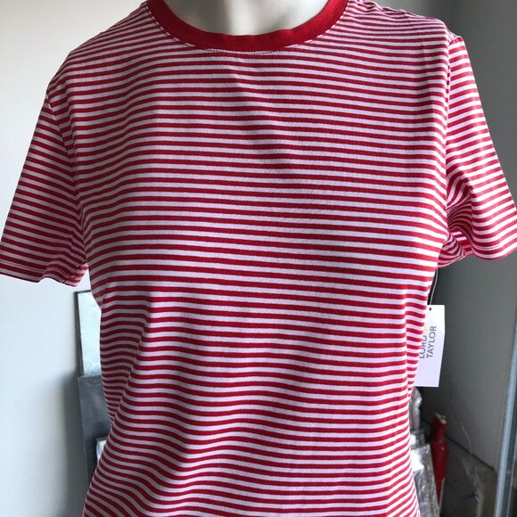 Lord & Taylor Short Sleeve Crew Neck Stripped Casual T Shirt Red + White Sz M - Picture 2 of 5